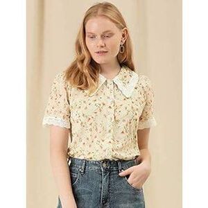 Allegra K Cream Eyelet Embroidered Floral Peter Pan Collar Button Down Blouse